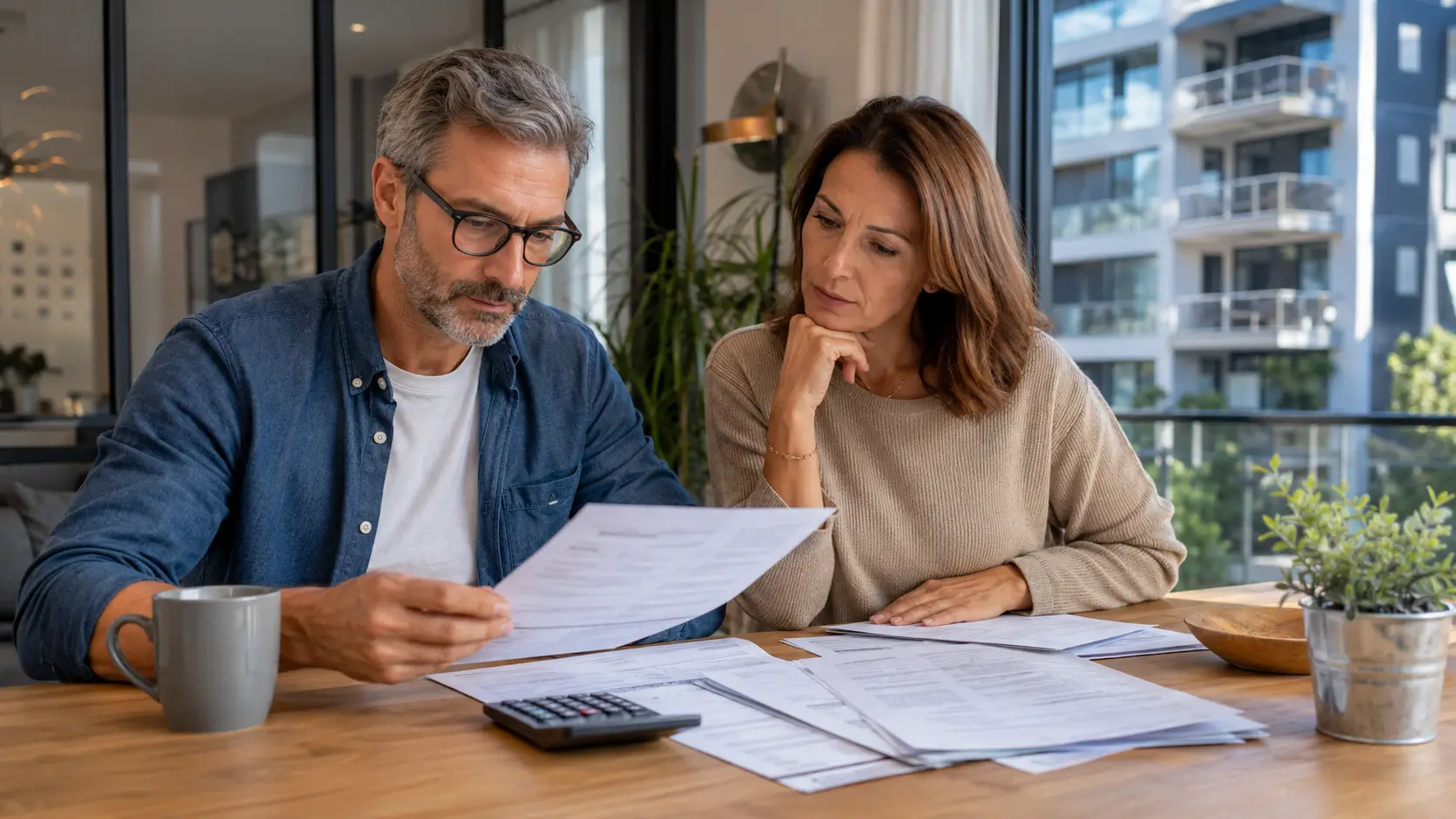 Deux copropriétaires examinent des documents de charges de copropriété avec une calculatrice dans un appartement
