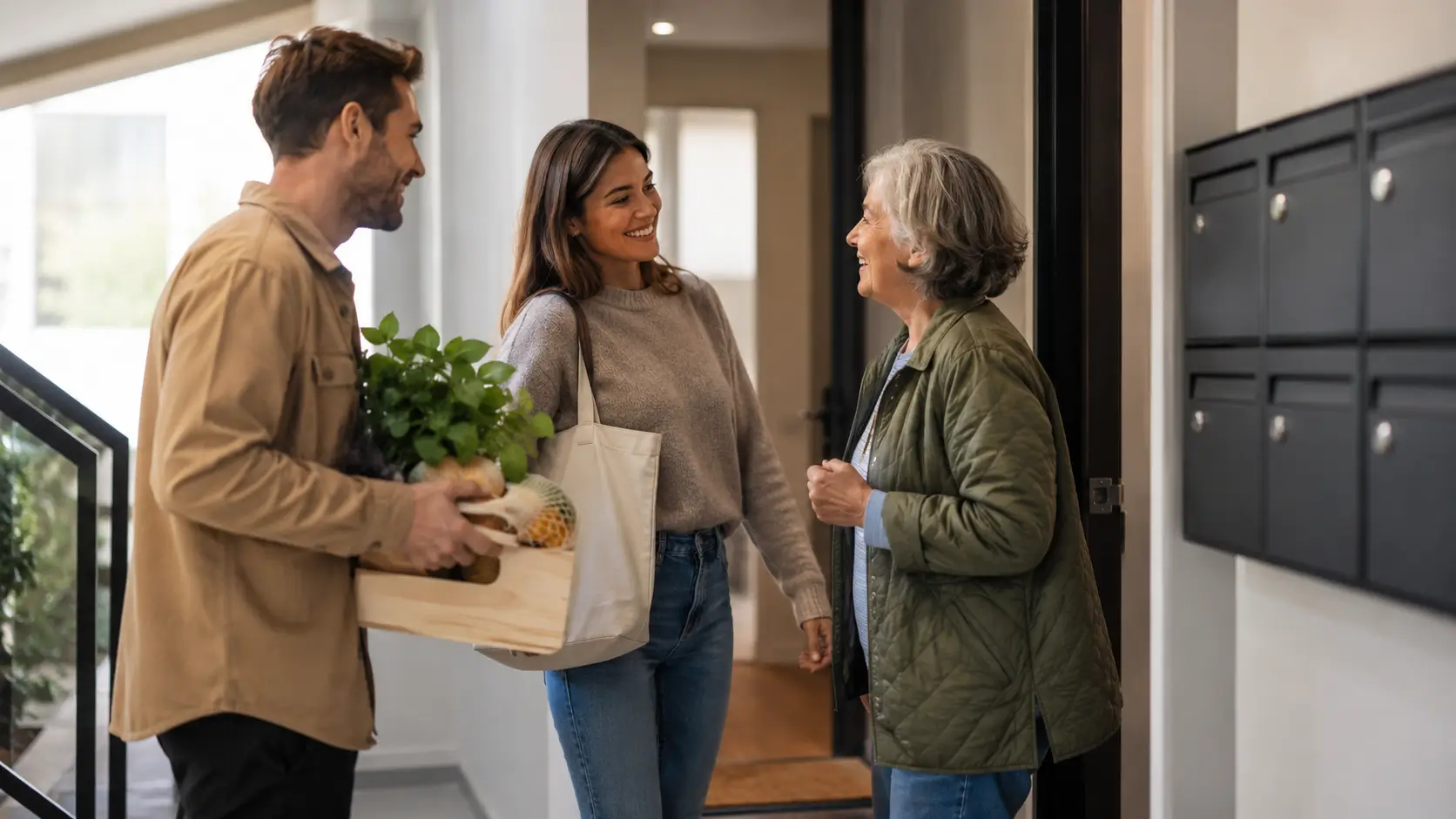 Voisins échangeant cordialement dans le hall d’un immeuble en copropriété