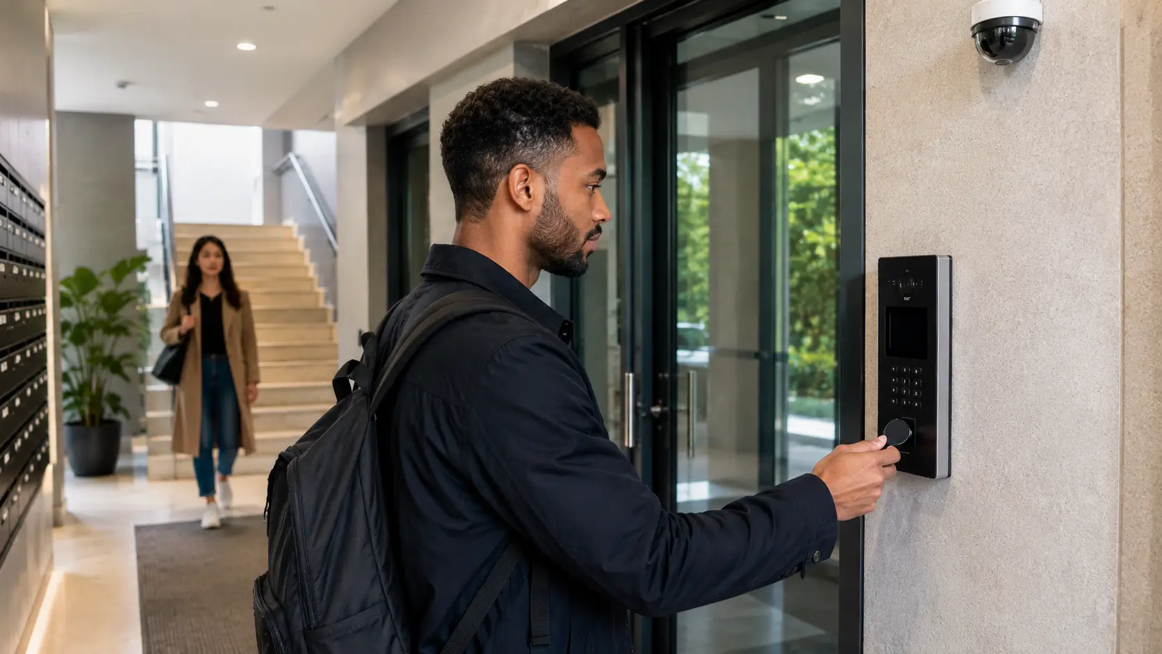 Résident utilisant un badge d’accès sécurisé dans le hall d’un immeuble en copropriété
