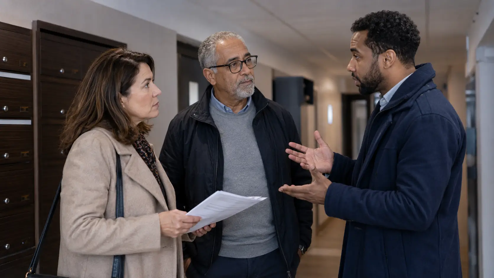 Trois copropriétaires discutent d’un conflit dans le hall d’un immeuble