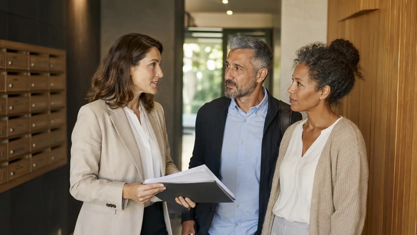 Syndic échangeant avec des copropriétaires dans le hall d’un immeuble