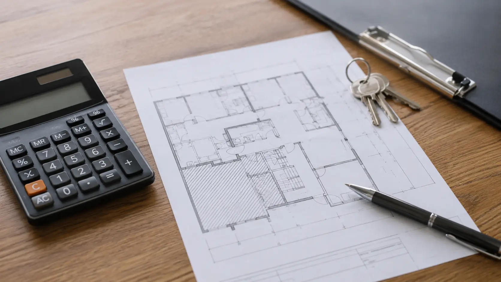 Plan d’un immeuble en copropriété avec calculatrice et clés